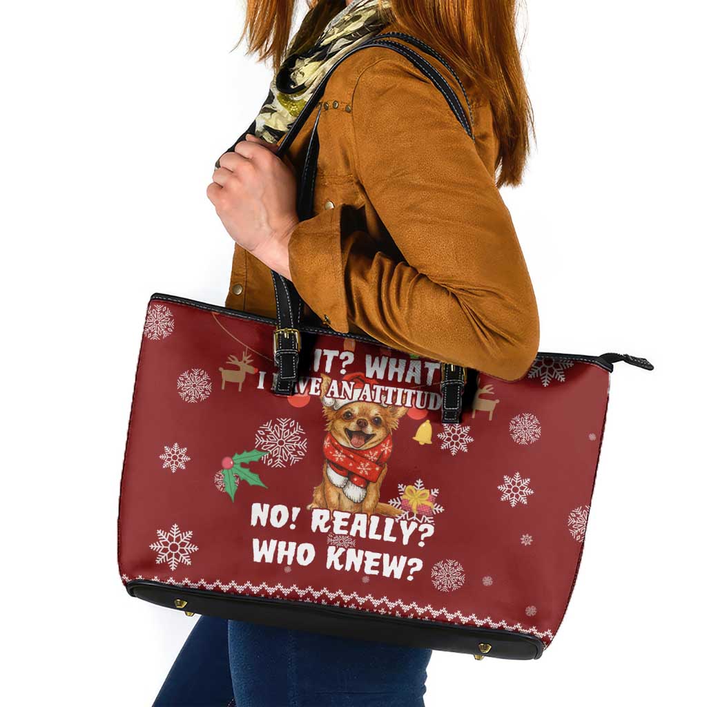 Chihuahua Attitude Christmas Leather Tote Bag Xmas Holiday Patterns - Wonder Print Shop