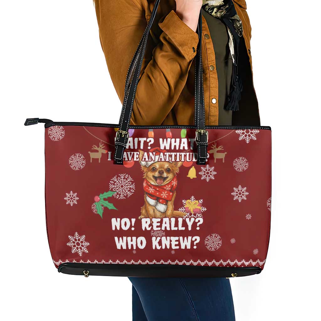 Chihuahua Attitude Christmas Leather Tote Bag Xmas Holiday Patterns - Wonder Print Shop