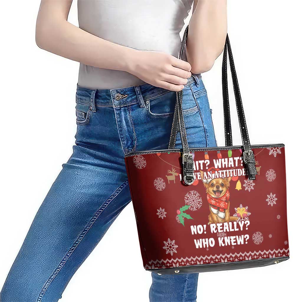 Chihuahua Attitude Christmas Leather Tote Bag Xmas Holiday Patterns - Wonder Print Shop