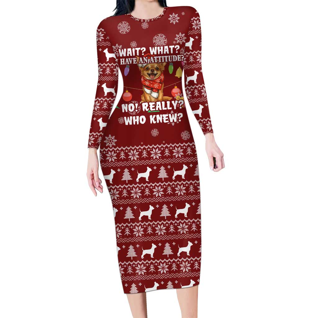 Chihuahua Attitude Christmas Long Sleeve Bodycon Dress Xmas Holiday Patterns - Wonder Print Shop