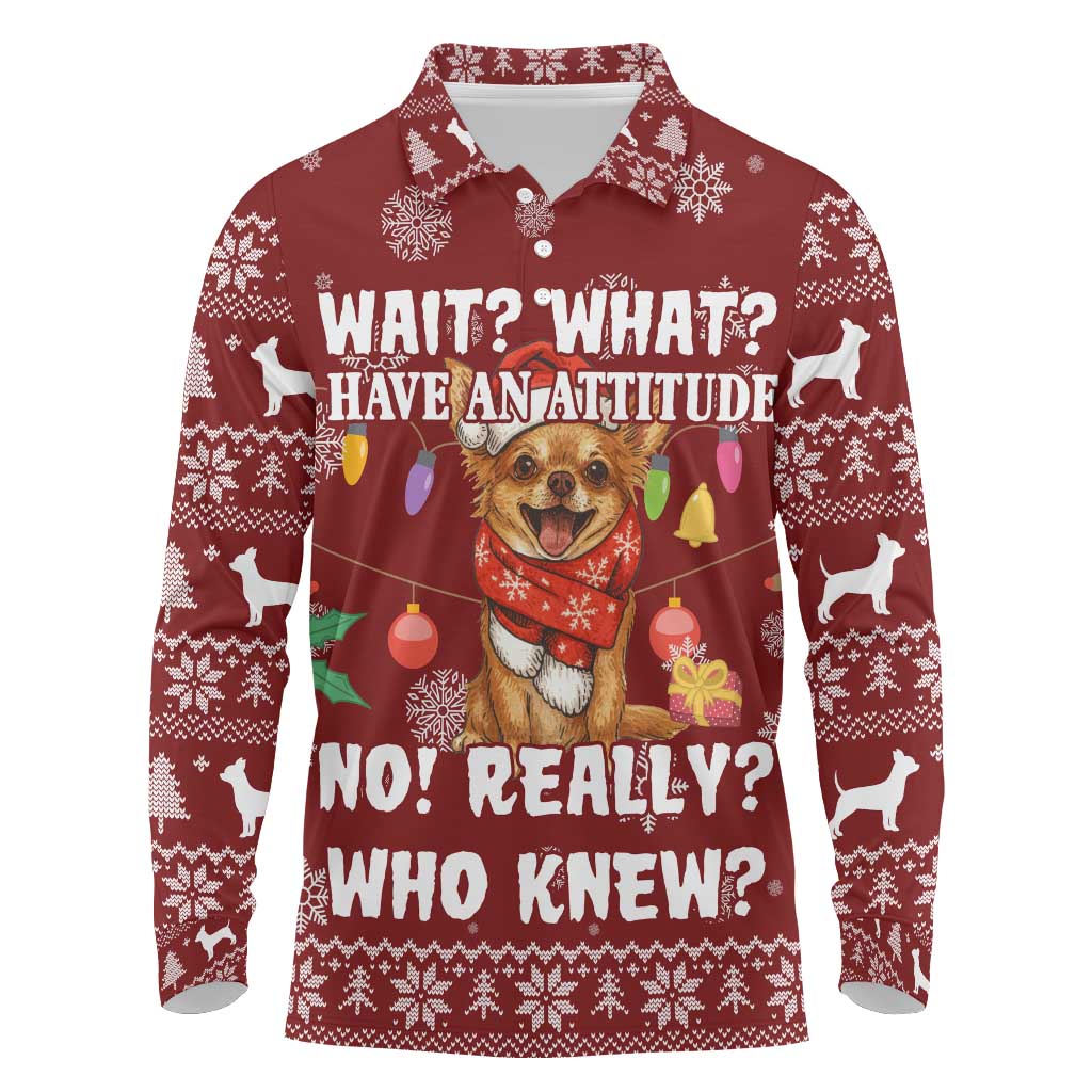 Chihuahua Attitude Christmas Long Sleeve Polo Shirt Xmas Holiday Patterns - Wonder Print Shop