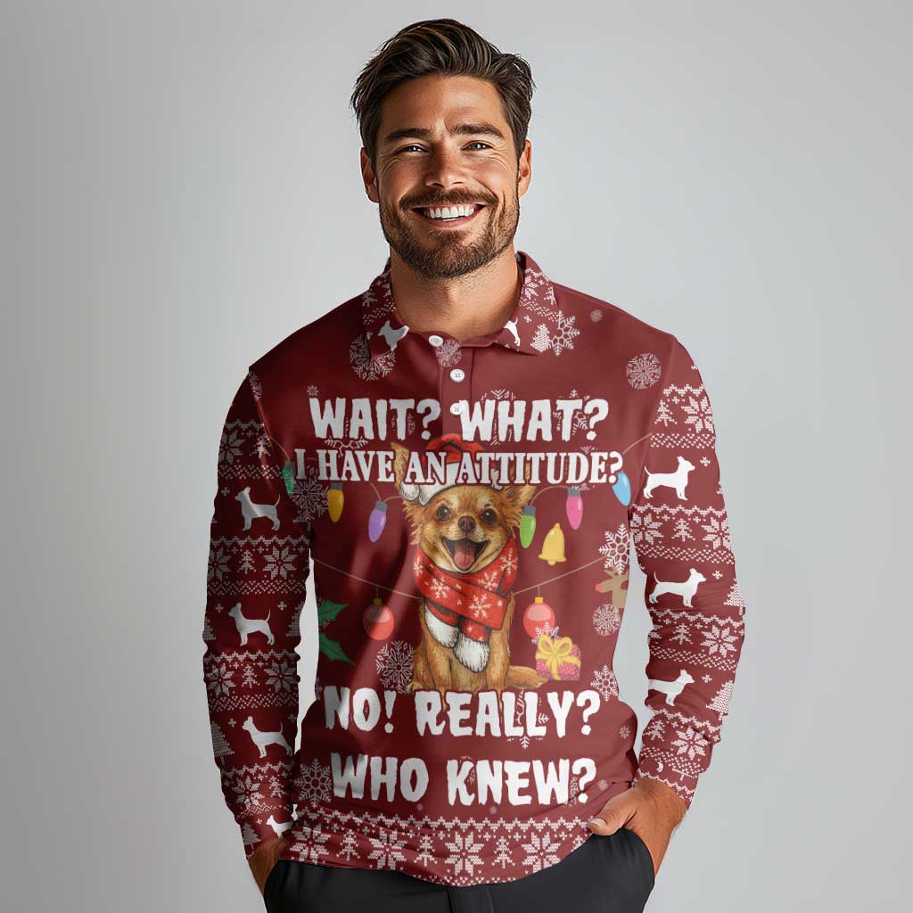 Chihuahua Attitude Christmas Long Sleeve Polo Shirt Xmas Holiday Patterns - Wonder Print Shop
