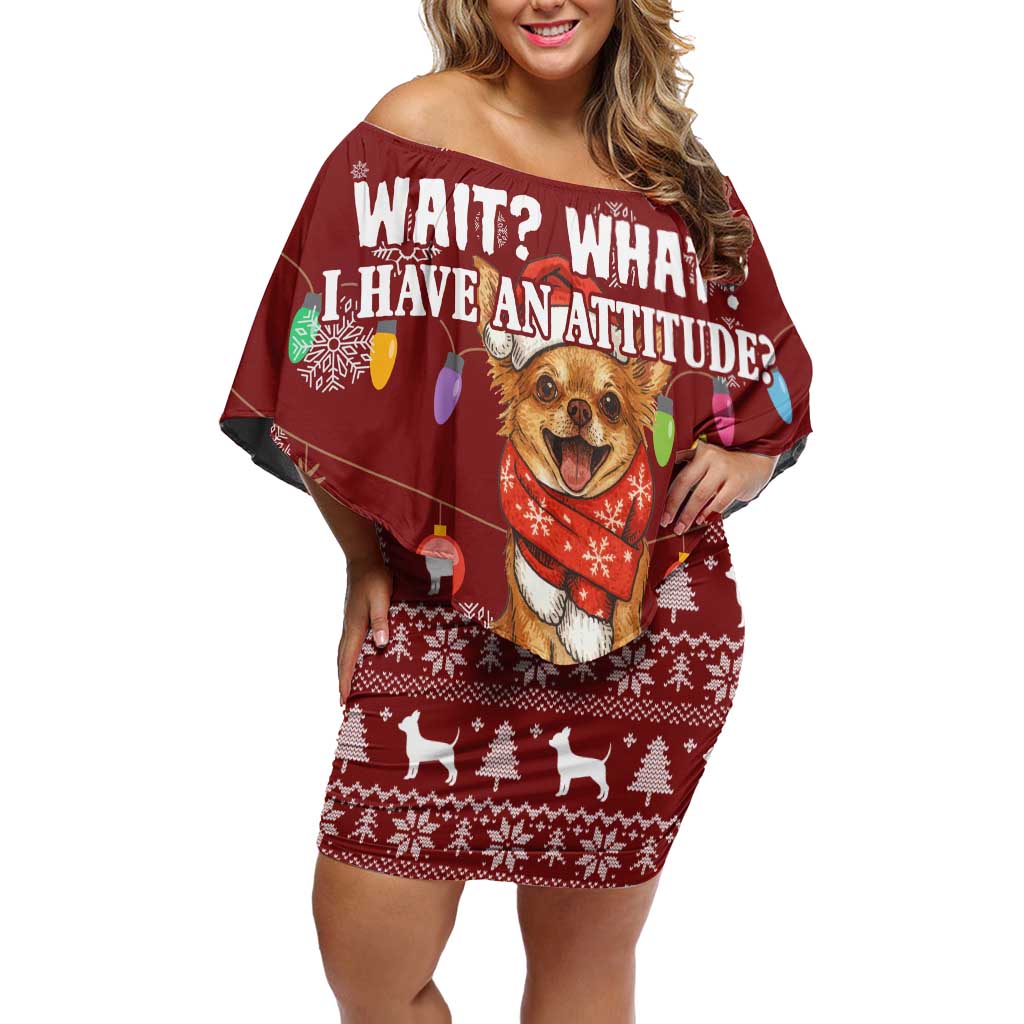 Chihuahua Attitude Christmas Off Shoulder Short Dress Xmas Holiday Patterns - Wonder Print Shop