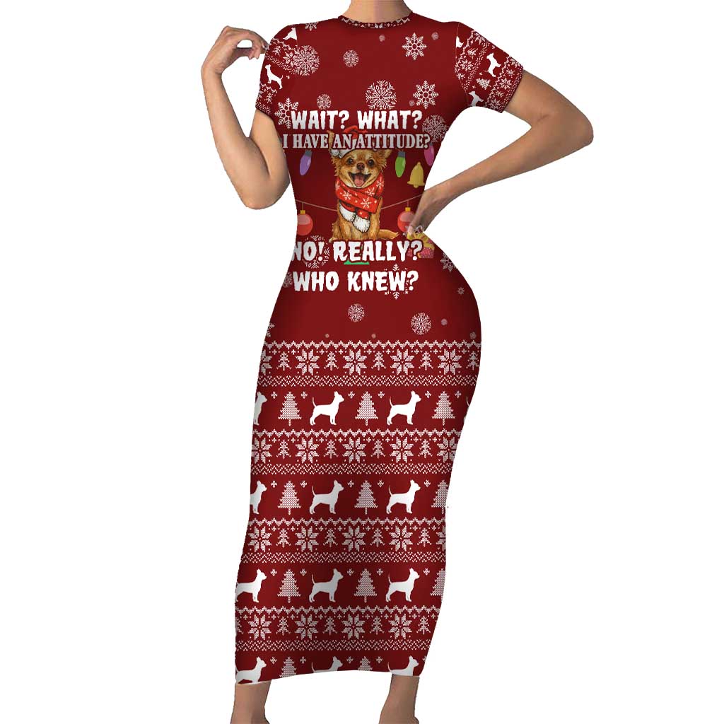 Chihuahua Attitude Christmas Short Sleeve Bodycon Dress Xmas Holiday Patterns - Wonder Print Shop