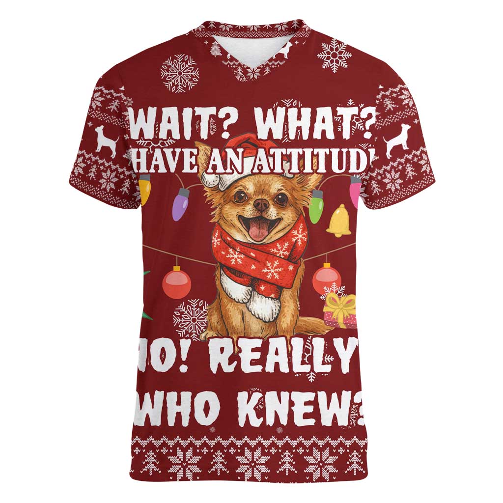 Chihuahua Attitude Christmas Women V-Neck T-Shirt Xmas Holiday Patterns - Wonder Print Shop