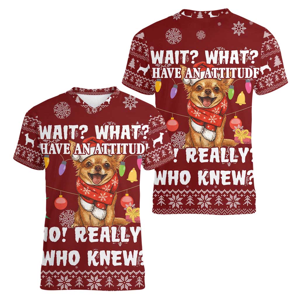 Chihuahua Attitude Christmas Women V-Neck T-Shirt Xmas Holiday Patterns - Wonder Print Shop