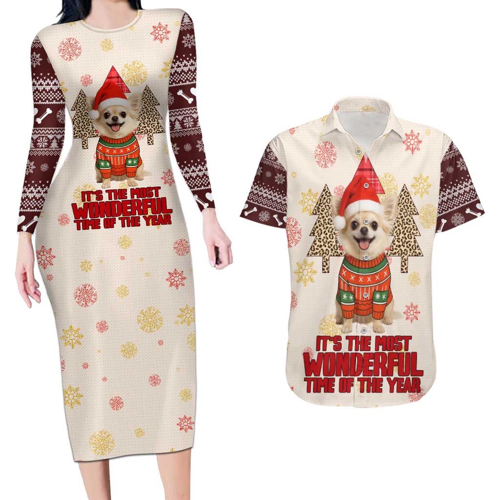 Chihuahua The Most Beautiful Time Xmas Christmas Couples Matching Long Sleeve Bodycon Dress and Hawaiian Shirt Xmas Holiday Patterns - Wonder Print Shop