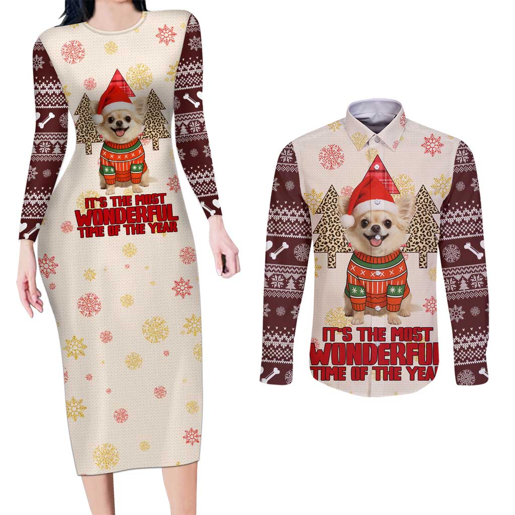 Chihuahua The Most Beautiful Time Xmas Christmas Couples Matching Long Sleeve Bodycon Dress and Long Sleeve Button Shirt Xmas Holiday Patterns - Wonder Print Shop