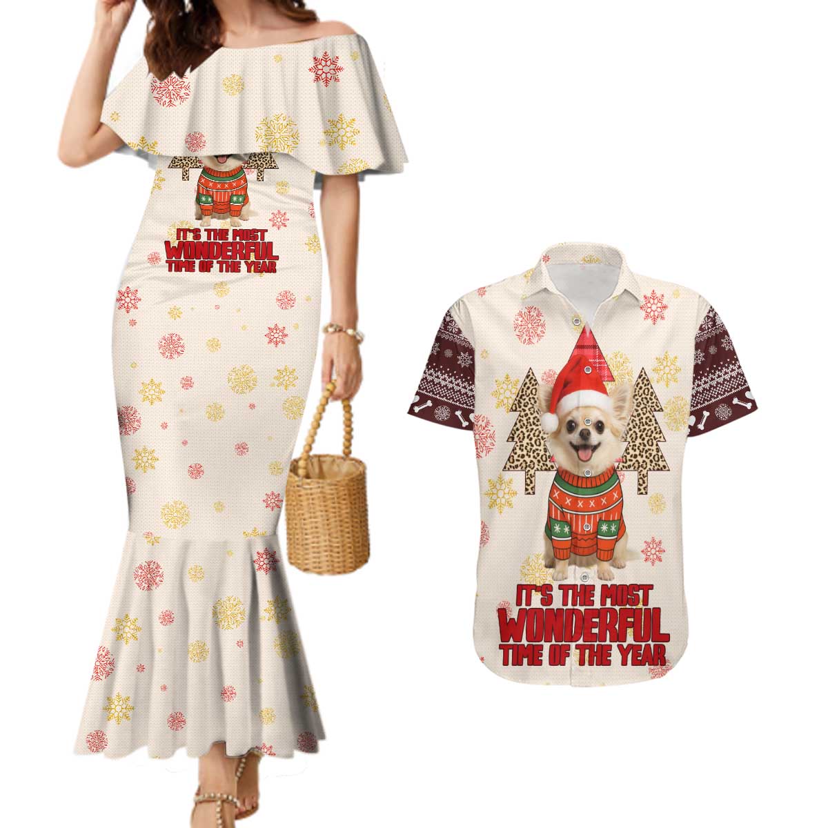 Chihuahua The Most Beautiful Time Xmas Christmas Couples Matching Mermaid Dress and Hawaiian Shirt Xmas Holiday Patterns - Wonder Print Shop