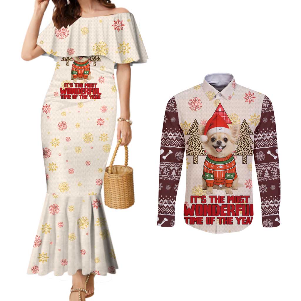 Chihuahua The Most Beautiful Time Xmas Christmas Couples Matching Mermaid Dress and Long Sleeve Button Shirt Xmas Holiday Patterns - Wonder Print Shop