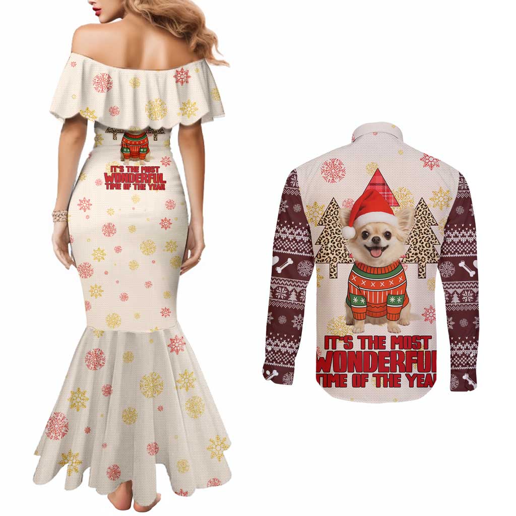 Chihuahua The Most Beautiful Time Xmas Christmas Couples Matching Mermaid Dress and Long Sleeve Button Shirt Xmas Holiday Patterns - Wonder Print Shop