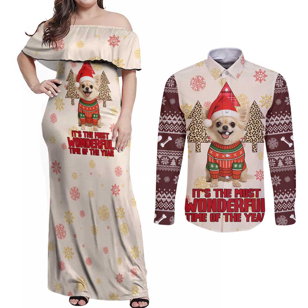 Chihuahua The Most Beautiful Time Xmas Christmas Couples Matching Off Shoulder Maxi Dress and Long Sleeve Button Shirt Xmas Holiday Patterns - Wonder Print Shop
