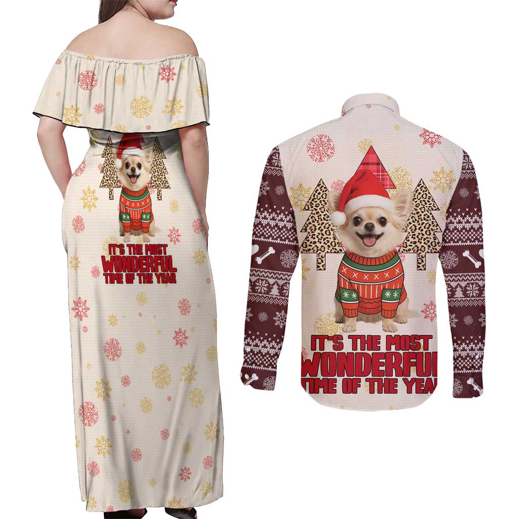 Chihuahua The Most Beautiful Time Xmas Christmas Couples Matching Off Shoulder Maxi Dress and Long Sleeve Button Shirt Xmas Holiday Patterns - Wonder Print Shop
