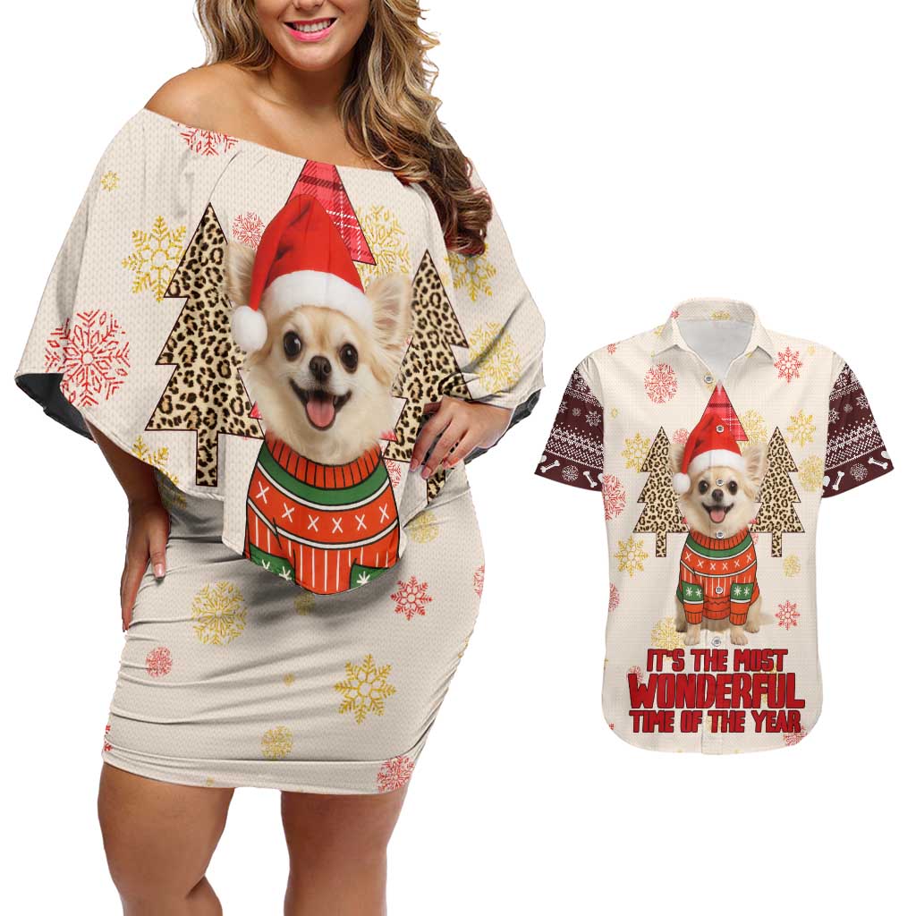 Chihuahua The Most Beautiful Time Xmas Christmas Couples Matching Off Shoulder Short Dress and Hawaiian Shirt Xmas Holiday Patterns - Wonder Print Shop