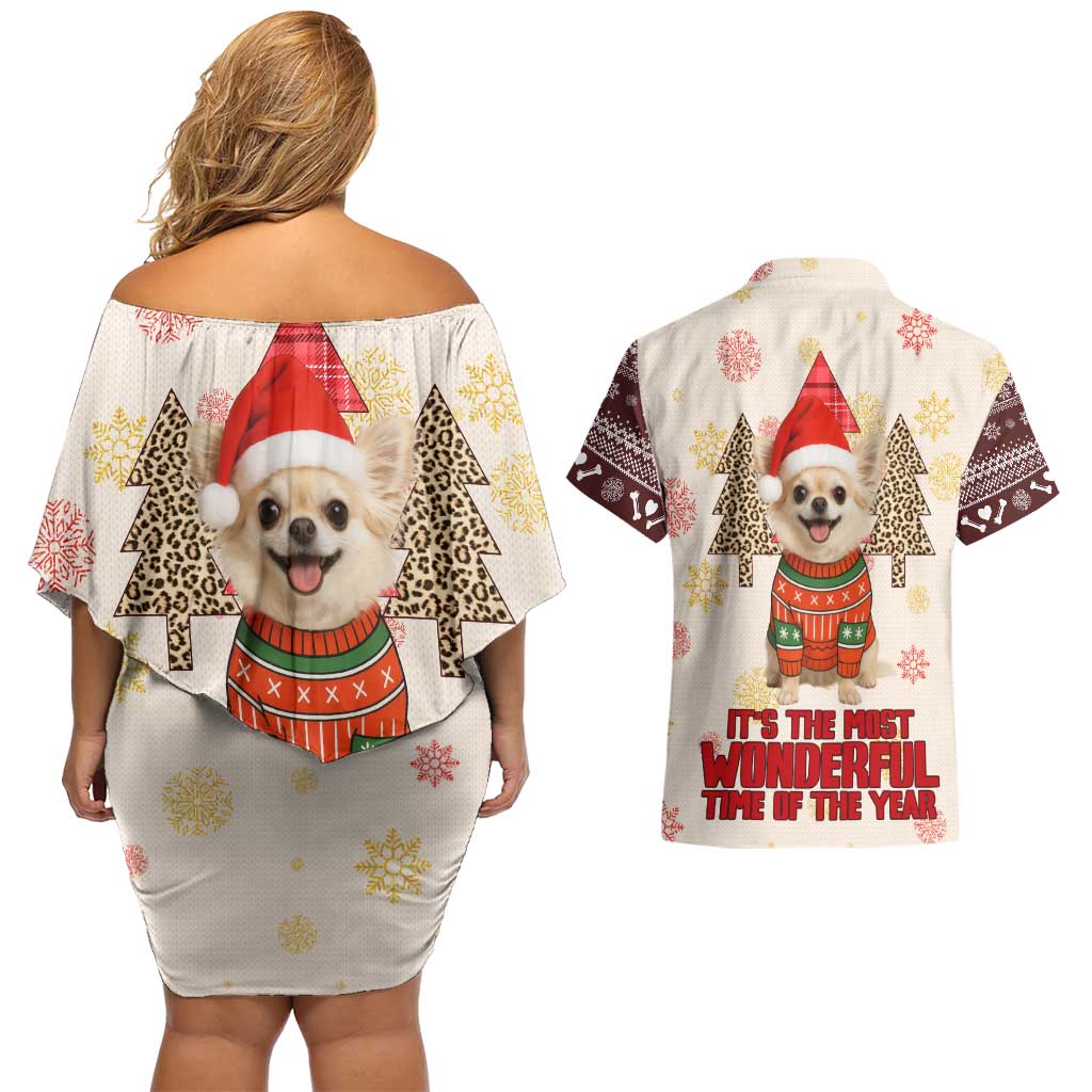 Chihuahua The Most Beautiful Time Xmas Christmas Couples Matching Off Shoulder Short Dress and Hawaiian Shirt Xmas Holiday Patterns - Wonder Print Shop