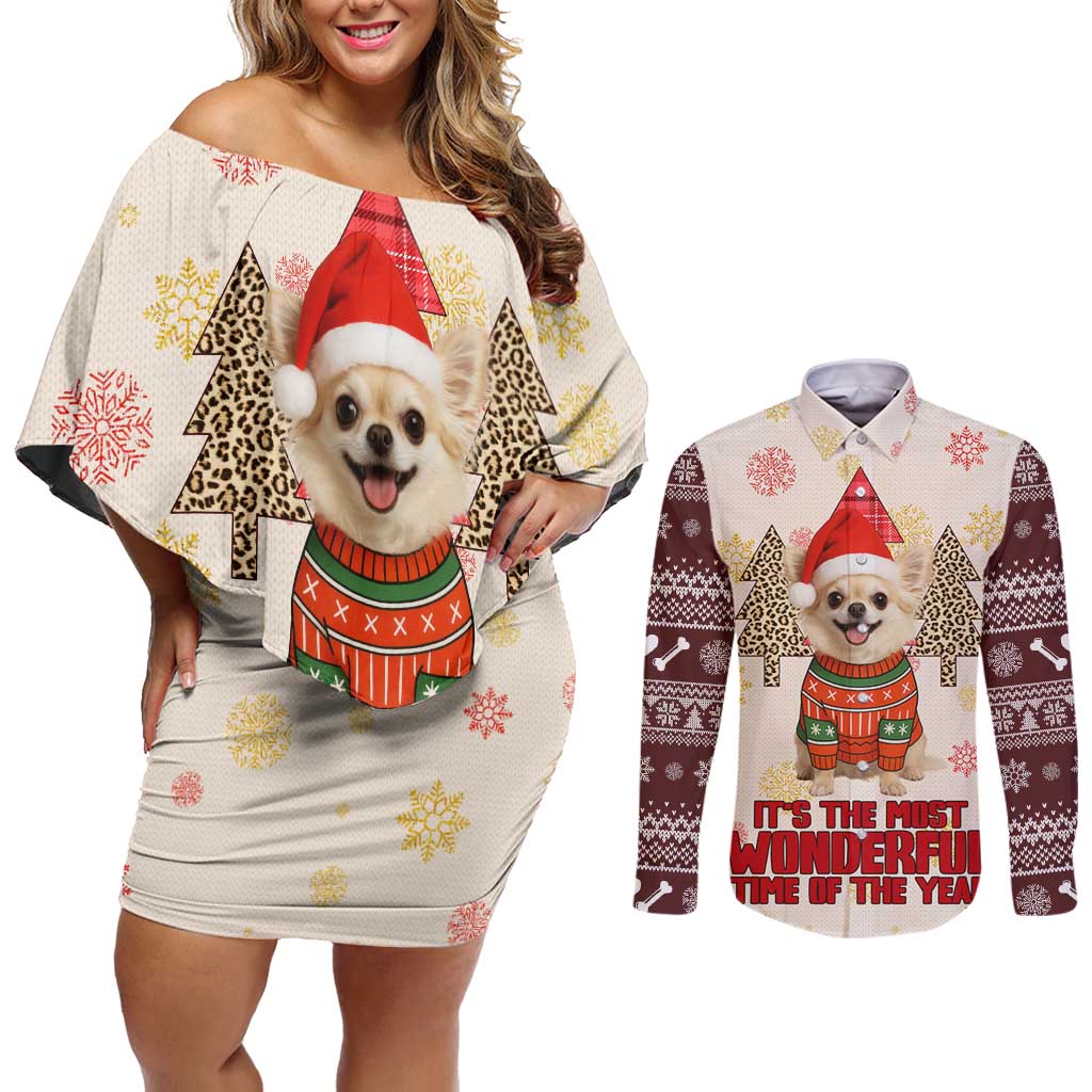 Chihuahua The Most Beautiful Time Xmas Christmas Couples Matching Off Shoulder Short Dress and Long Sleeve Button Shirt Xmas Holiday Patterns - Wonder Print Shop