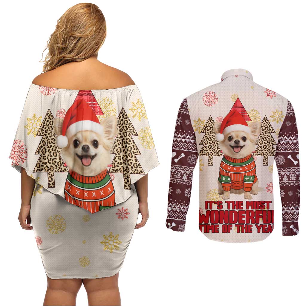 Chihuahua The Most Beautiful Time Xmas Christmas Couples Matching Off Shoulder Short Dress and Long Sleeve Button Shirt Xmas Holiday Patterns - Wonder Print Shop
