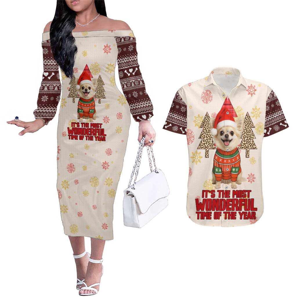 Chihuahua The Most Beautiful Time Xmas Christmas Couples Matching Off The Shoulder Long Sleeve Dress and Hawaiian Shirt Xmas Holiday Patterns - Wonder Print Shop