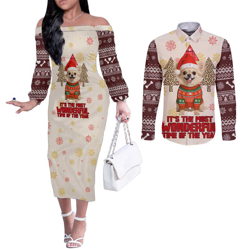 Chihuahua The Most Beautiful Time Xmas Christmas Couples Matching Off The Shoulder Long Sleeve Dress and Long Sleeve Button Shirt Xmas Holiday Patterns - Wonder Print Shop