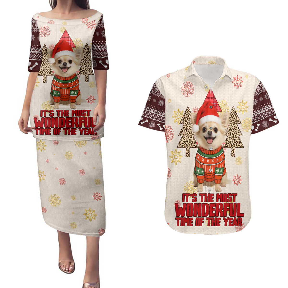 Chihuahua The Most Beautiful Time Xmas Christmas Couples Matching Puletasi and Hawaiian Shirt Xmas Holiday Patterns - Wonder Print Shop