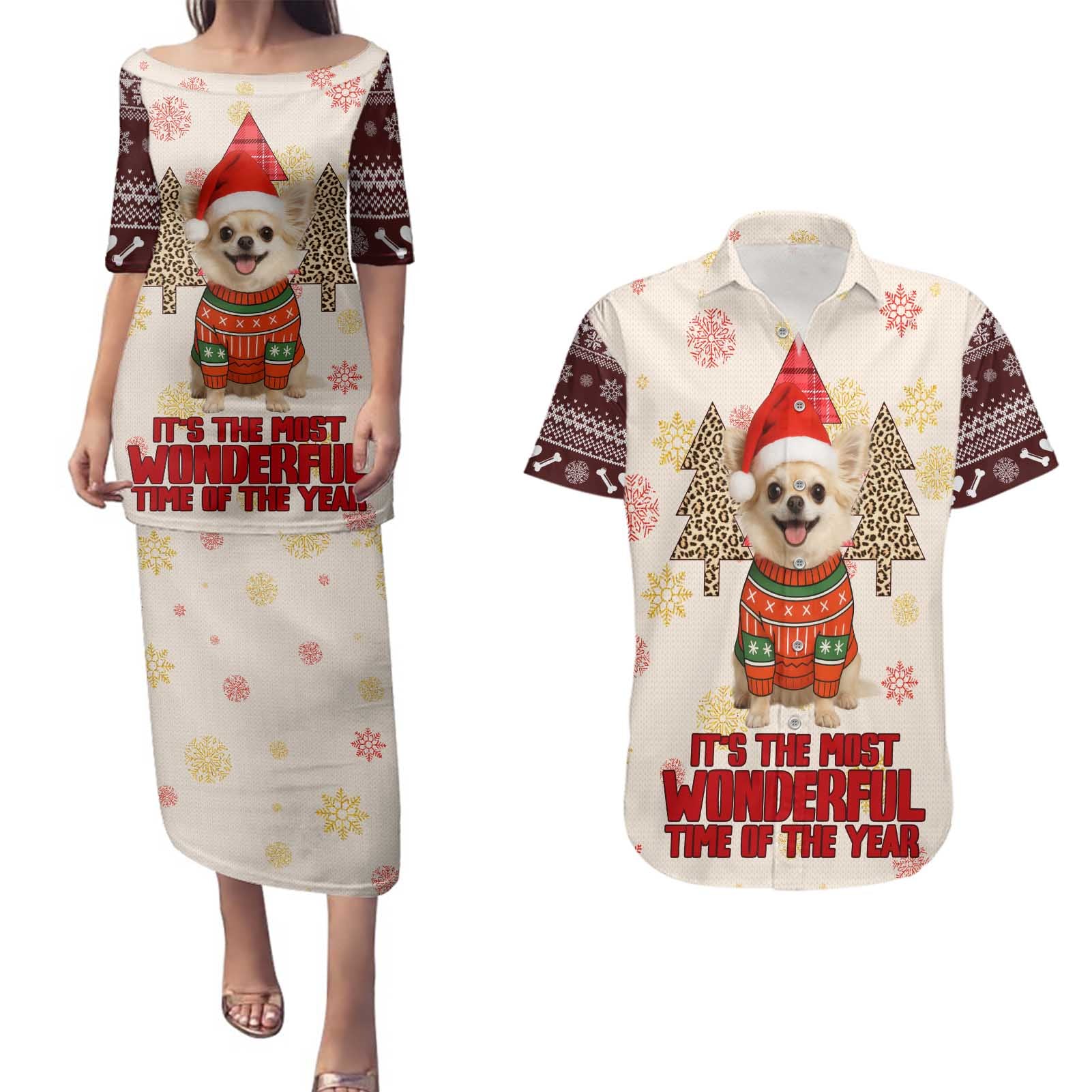 Chihuahua The Most Beautiful Time Xmas Christmas Couples Matching Puletasi and Hawaiian Shirt Xmas Holiday Patterns - Wonder Print Shop