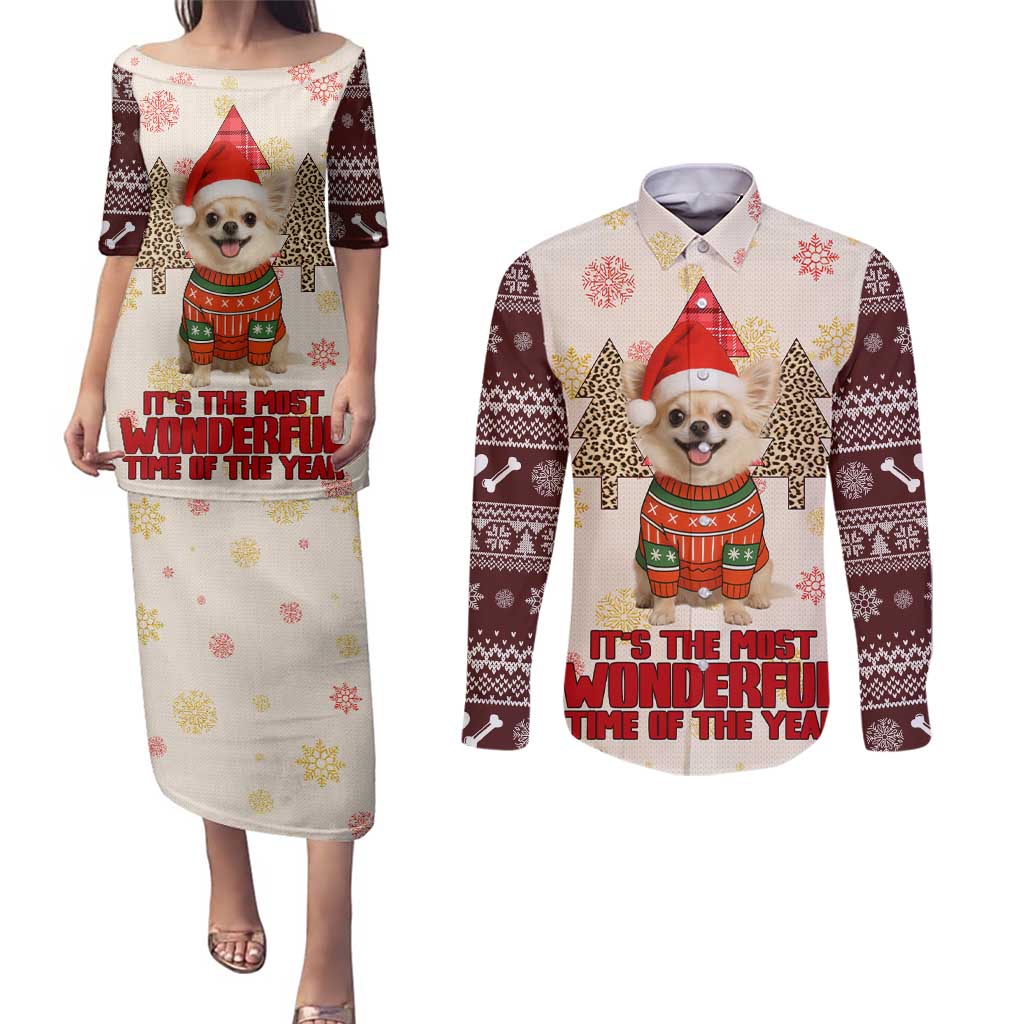 Chihuahua The Most Beautiful Time Xmas Christmas Couples Matching Puletasi and Long Sleeve Button Shirt Xmas Holiday Patterns - Wonder Print Shop