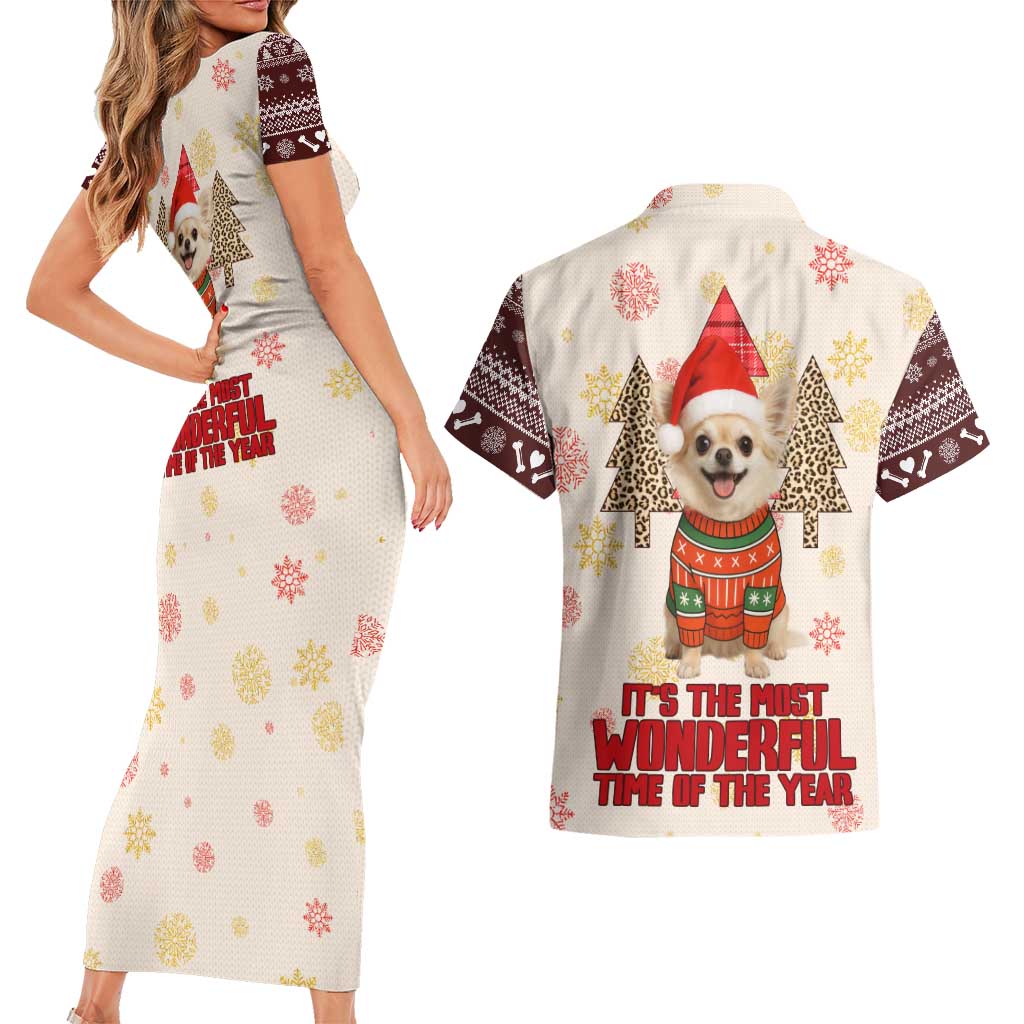 Chihuahua The Most Beautiful Time Xmas Christmas Couples Matching Short Sleeve Bodycon Dress and Hawaiian Shirt Xmas Holiday Patterns - Wonder Print Shop