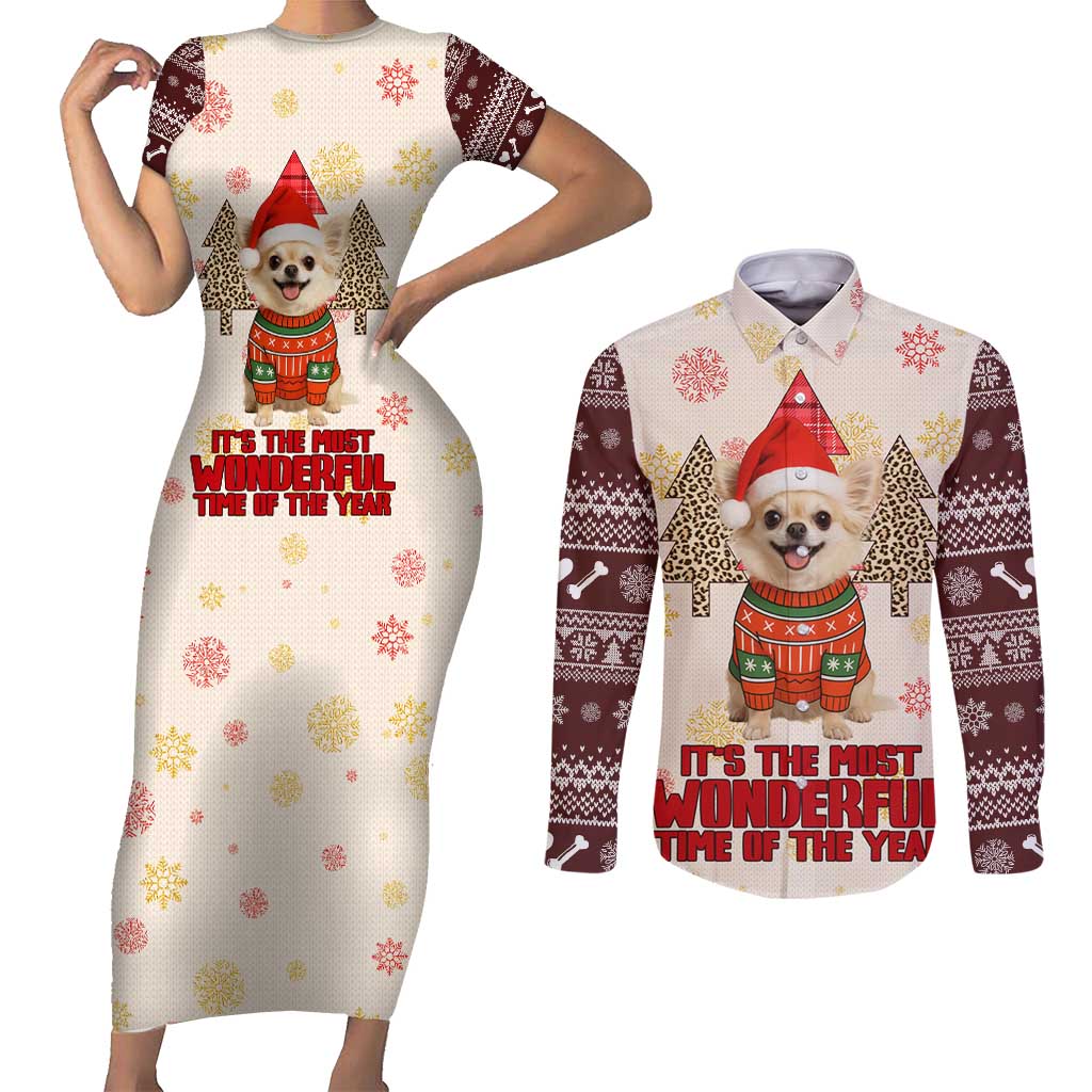 Chihuahua The Most Beautiful Time Xmas Christmas Couples Matching Short Sleeve Bodycon Dress and Long Sleeve Button Shirt Xmas Holiday Patterns - Wonder Print Shop