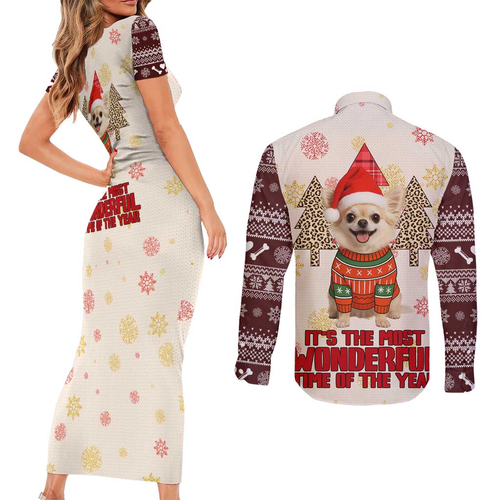 Chihuahua The Most Beautiful Time Xmas Christmas Couples Matching Short Sleeve Bodycon Dress and Long Sleeve Button Shirt Xmas Holiday Patterns - Wonder Print Shop