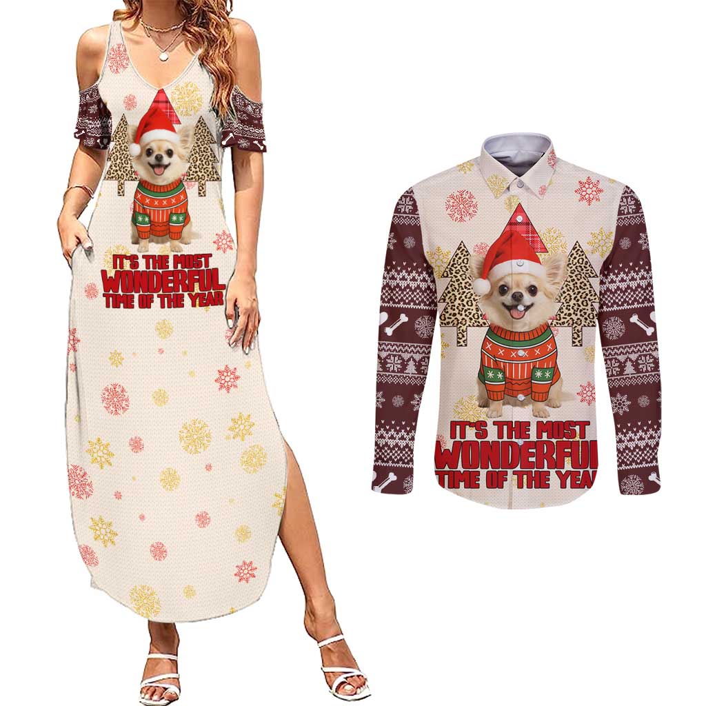 Chihuahua The Most Beautiful Time Xmas Christmas Couples Matching Summer Maxi Dress and Long Sleeve Button Shirt Xmas Holiday Patterns - Wonder Print Shop