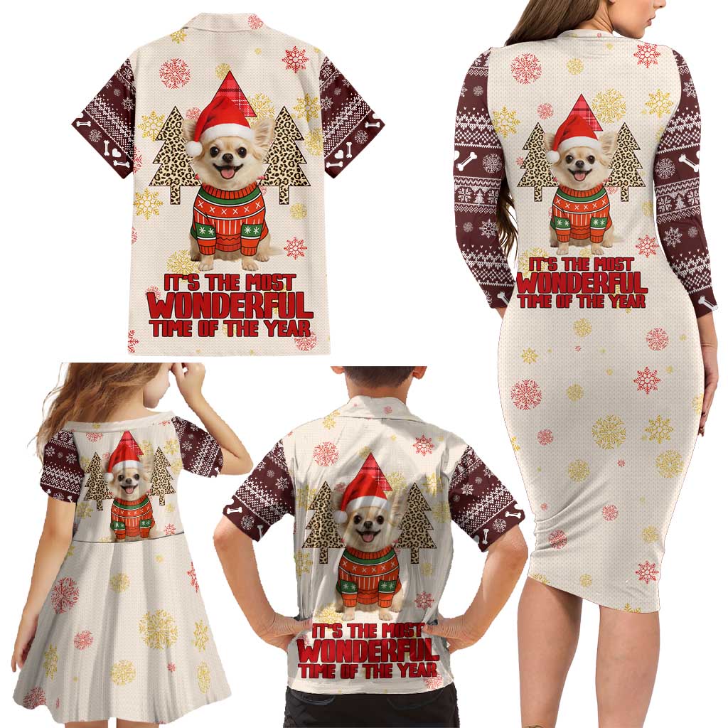Chihuahua The Most Beautiful Time Xmas Christmas Family Matching Long Sleeve Bodycon Dress and Hawaiian Shirt Xmas Holiday Patterns - Wonder Print Shop
