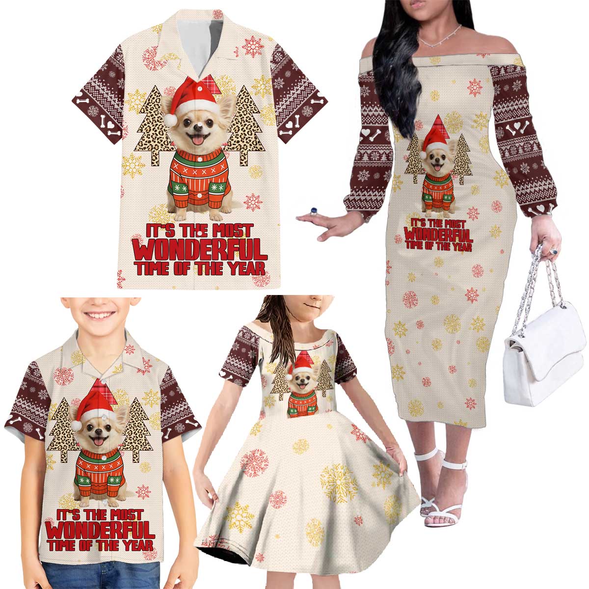 Chihuahua The Most Beautiful Time Xmas Christmas Family Matching Off The Shoulder Long Sleeve Dress and Hawaiian Shirt Xmas Holiday Patterns - Wonder Print Shop