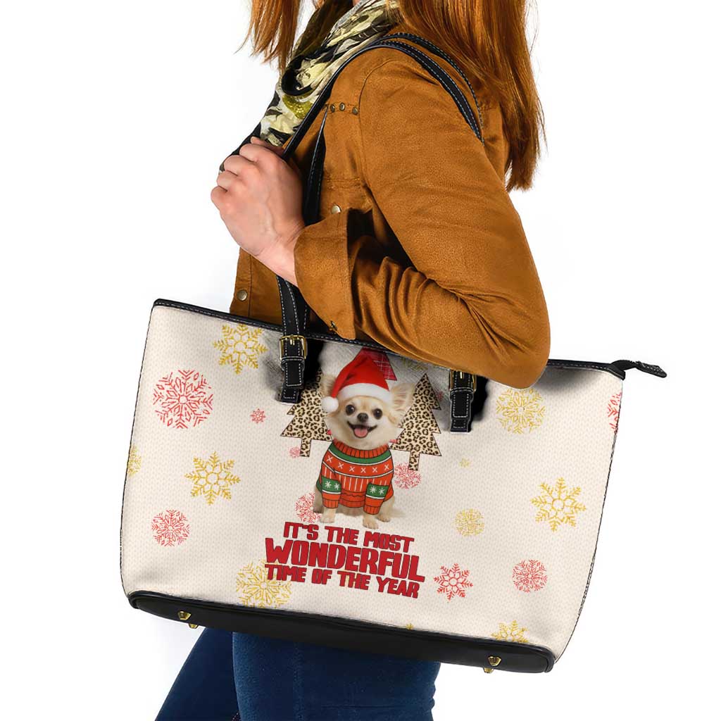 Chihuahua The Most Beautiful Time Xmas Christmas Leather Tote Bag Xmas Holiday Patterns - Wonder Print Shop