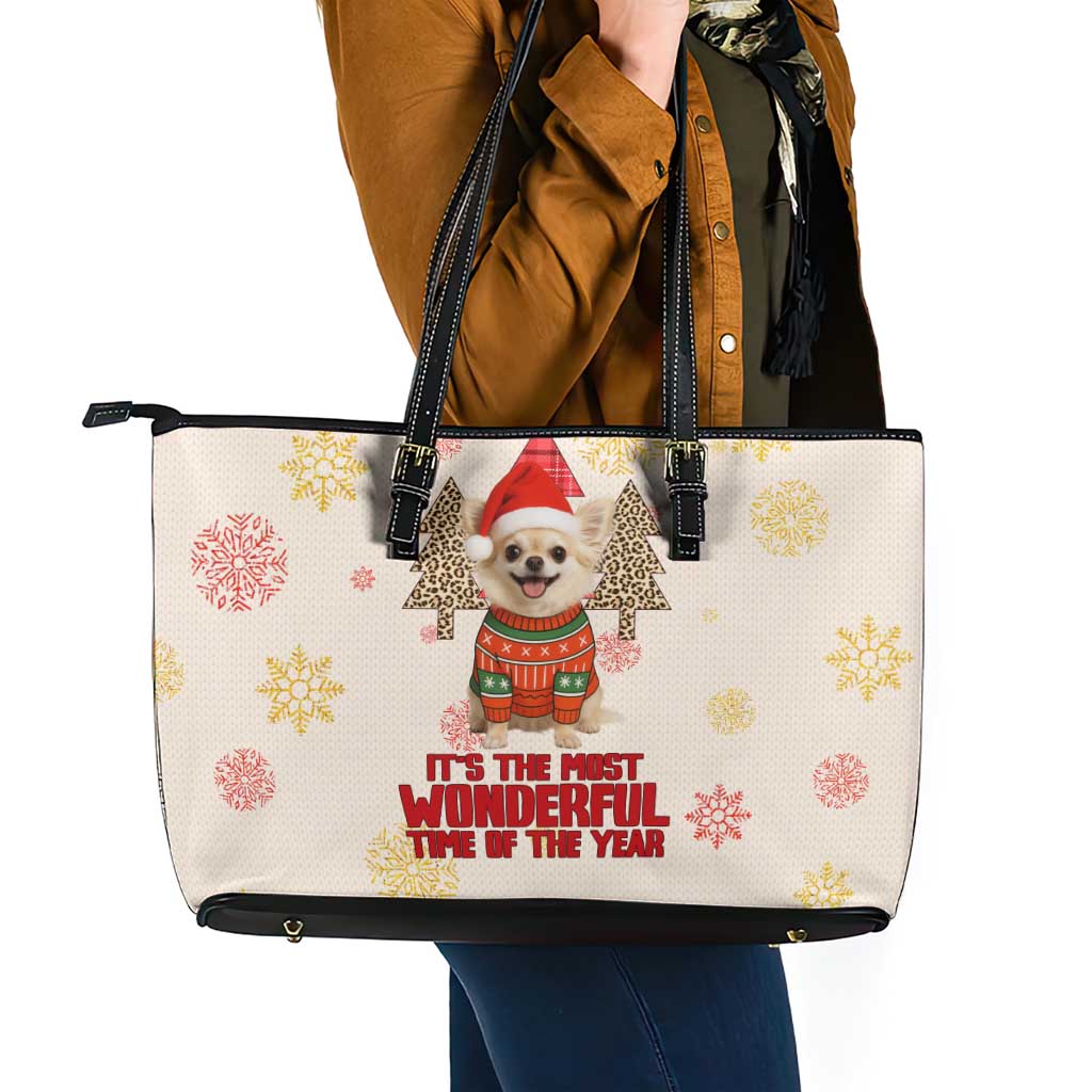 Chihuahua The Most Beautiful Time Xmas Christmas Leather Tote Bag Xmas Holiday Patterns - Wonder Print Shop