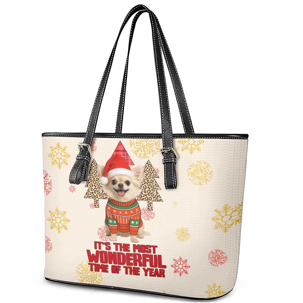 Chihuahua The Most Beautiful Time Xmas Christmas Leather Tote Bag Xmas Holiday Patterns - Wonder Print Shop