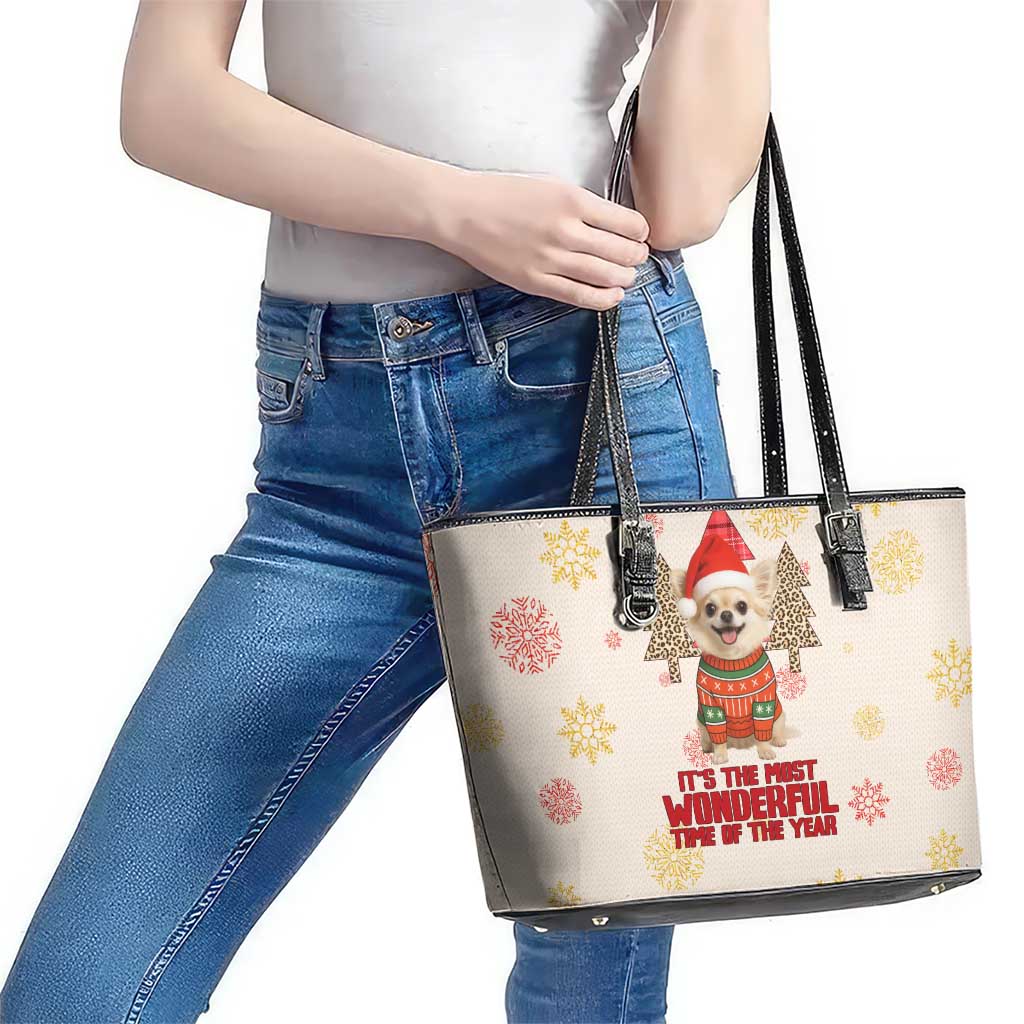 Chihuahua The Most Beautiful Time Xmas Christmas Leather Tote Bag Xmas Holiday Patterns - Wonder Print Shop