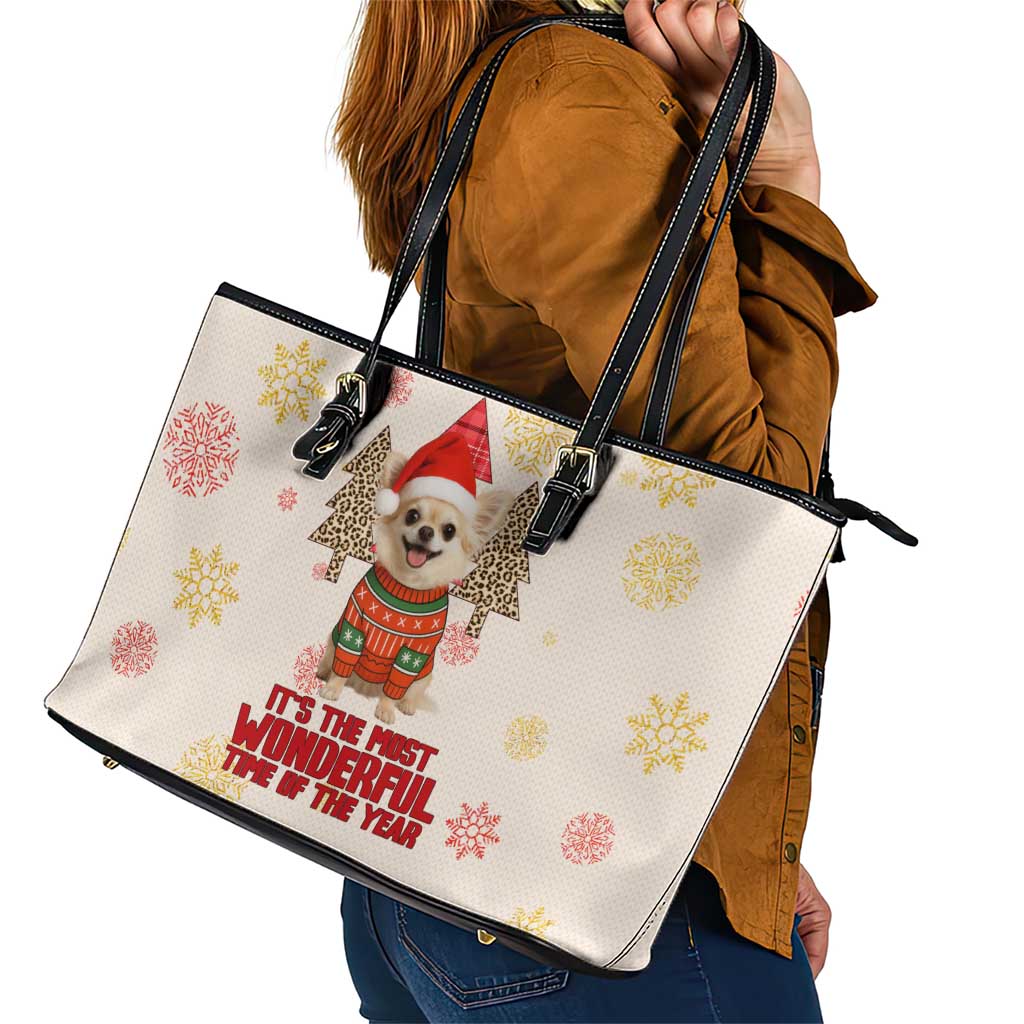 Chihuahua The Most Beautiful Time Xmas Christmas Leather Tote Bag Xmas Holiday Patterns - Wonder Print Shop
