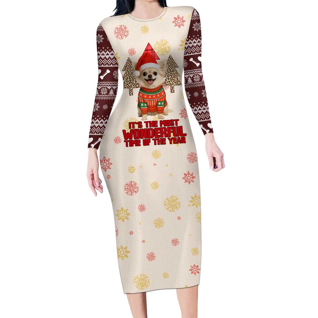 Chihuahua The Most Beautiful Time Xmas Christmas Long Sleeve Bodycon Dress Xmas Holiday Patterns - Wonder Print Shop