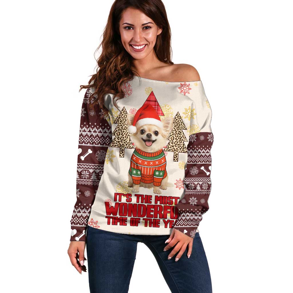 Chihuahua The Most Beautiful Time Xmas Christmas Off Shoulder Sweater Xmas Holiday Patterns - Wonder Print Shop