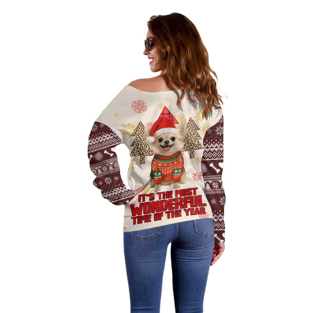 Chihuahua The Most Beautiful Time Xmas Christmas Off Shoulder Sweater Xmas Holiday Patterns - Wonder Print Shop