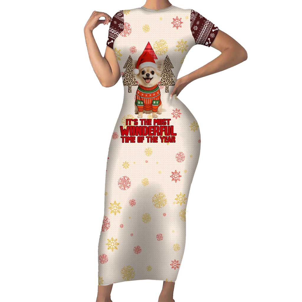 Chihuahua The Most Beautiful Time Xmas Christmas Short Sleeve Bodycon Dress Xmas Holiday Patterns - Wonder Print Shop