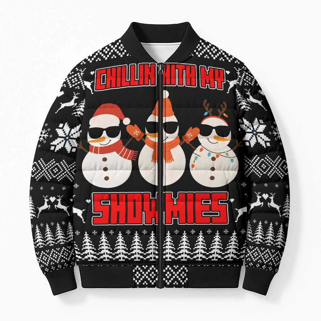 Chillin With My Snowmies Christmas Bomber Puffer Jacket Xmas Holiday Patterns - Wonder Print Shop