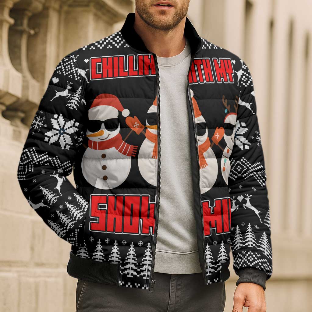 Chillin With My Snowmies Christmas Bomber Puffer Jacket Xmas Holiday Patterns - Wonder Print Shop