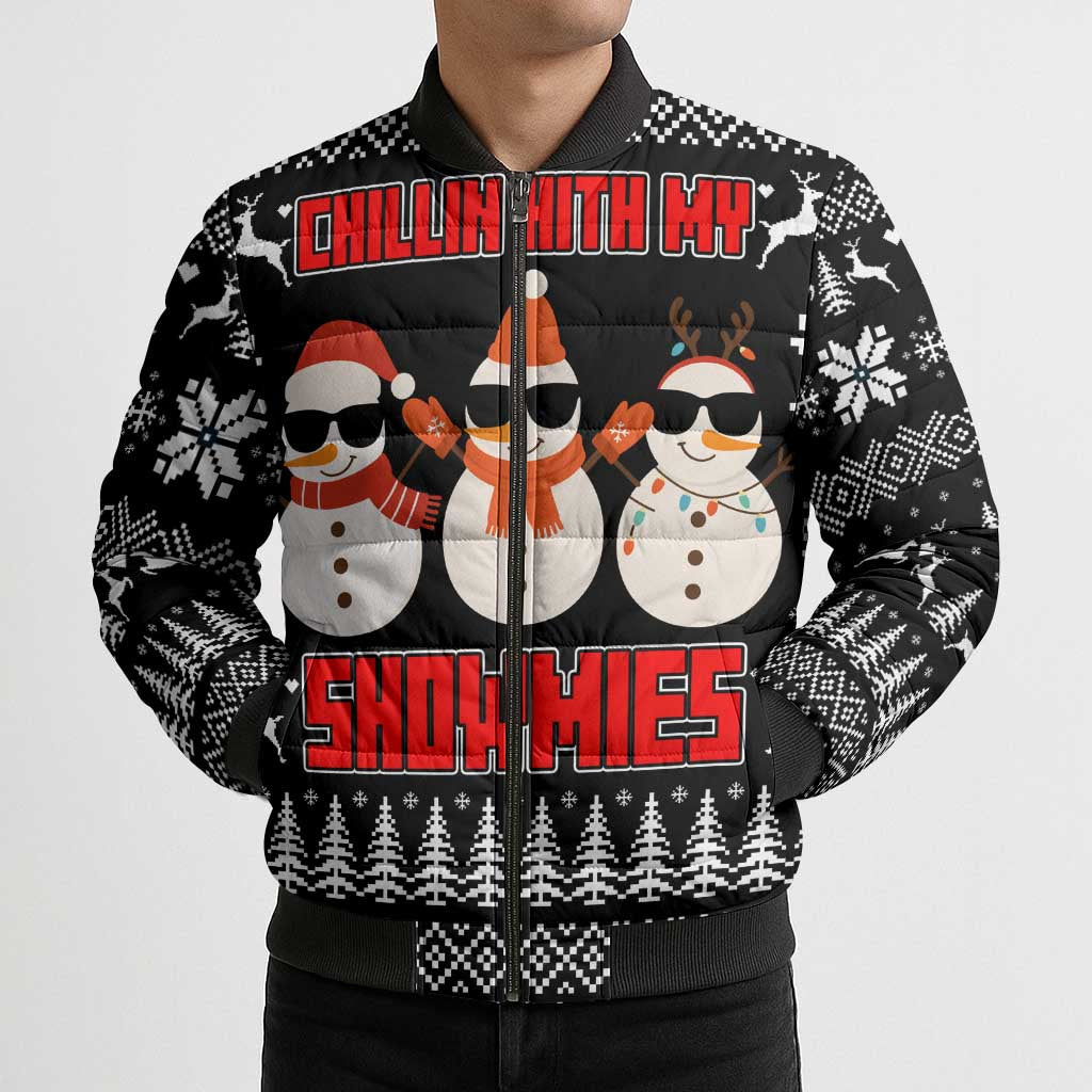 Chillin With My Snowmies Christmas Bomber Puffer Jacket Xmas Holiday Patterns - Wonder Print Shop