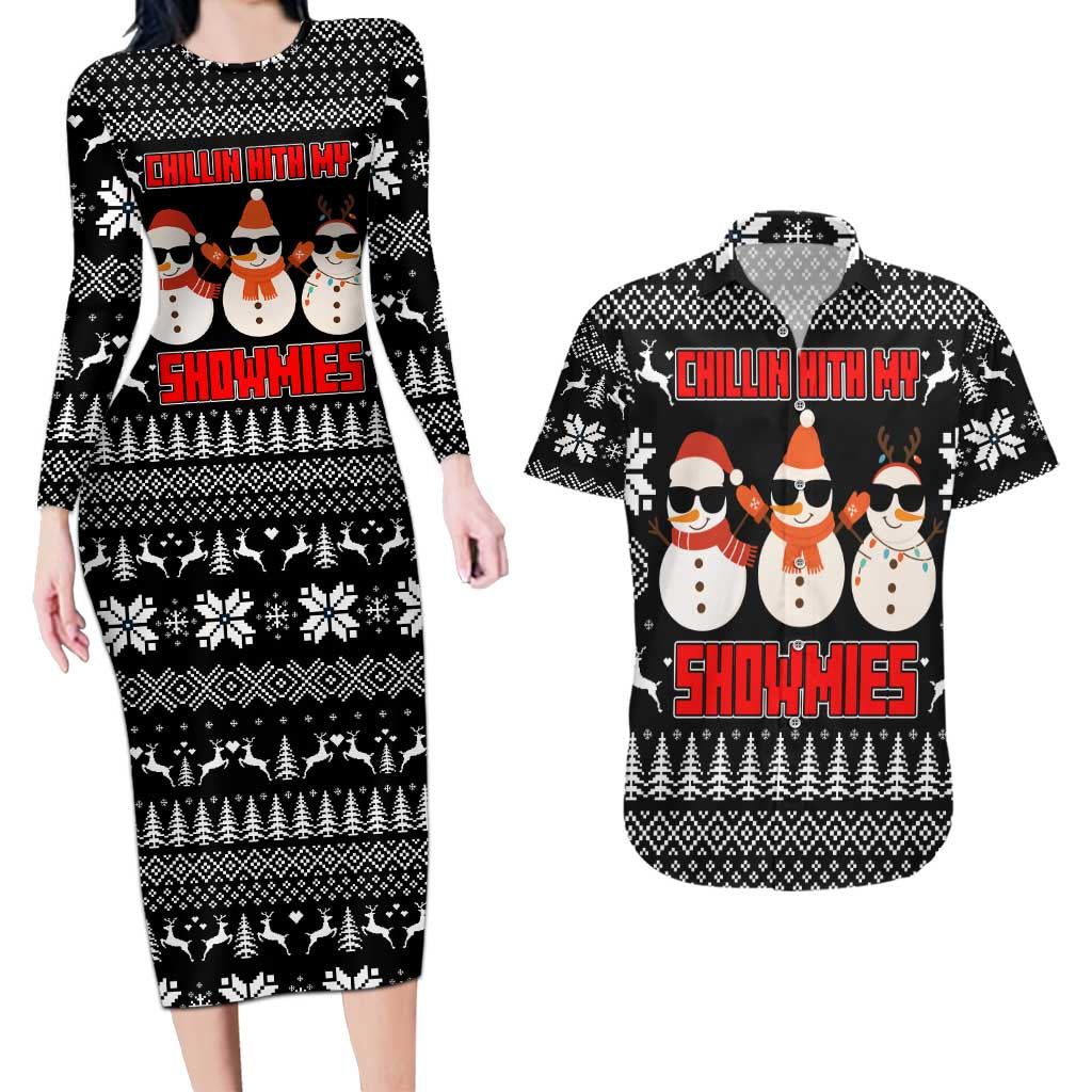 Chillin With My Snowmies Christmas Couples Matching Long Sleeve Bodycon Dress and Hawaiian Shirt Xmas Holiday Patterns - Wonder Print Shop