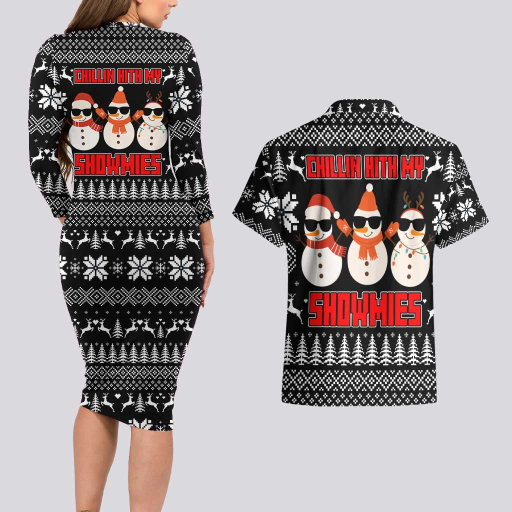 Chillin With My Snowmies Christmas Couples Matching Long Sleeve Bodycon Dress and Hawaiian Shirt Xmas Holiday Patterns - Wonder Print Shop