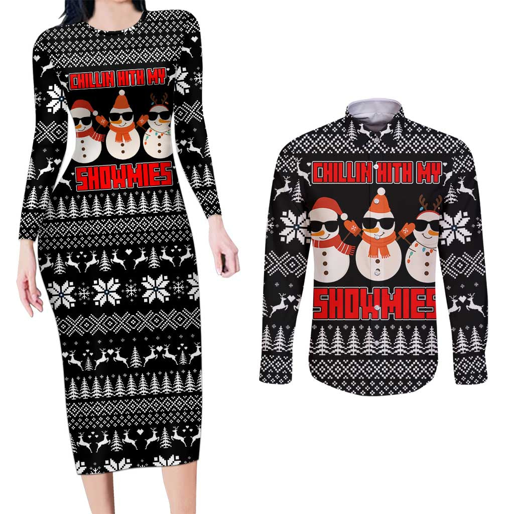 Chillin With My Snowmies Christmas Couples Matching Long Sleeve Bodycon Dress and Long Sleeve Button Shirt Xmas Holiday Patterns - Wonder Print Shop