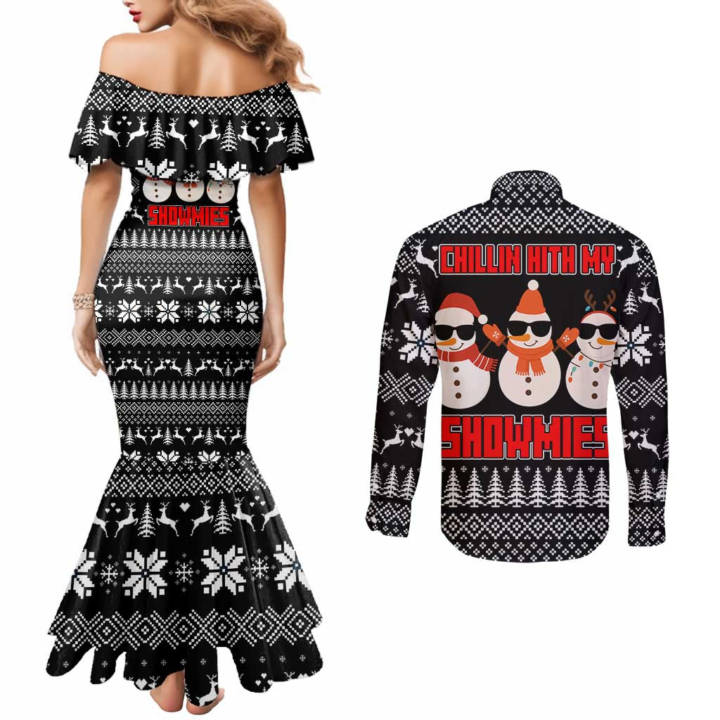 Chillin With My Snowmies Christmas Couples Matching Mermaid Dress and Long Sleeve Button Shirt Xmas Holiday Patterns - Wonder Print Shop
