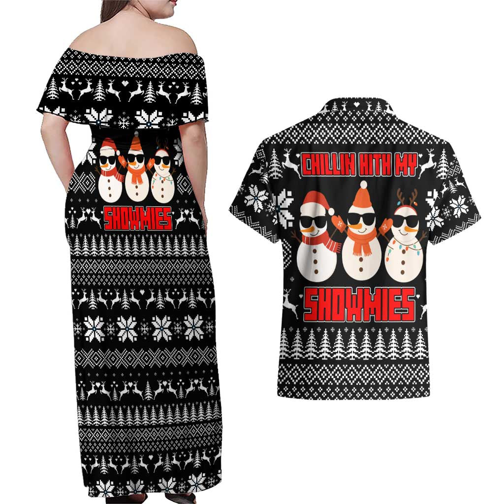 Chillin With My Snowmies Christmas Couples Matching Off Shoulder Maxi Dress and Hawaiian Shirt Xmas Holiday Patterns - Wonder Print Shop