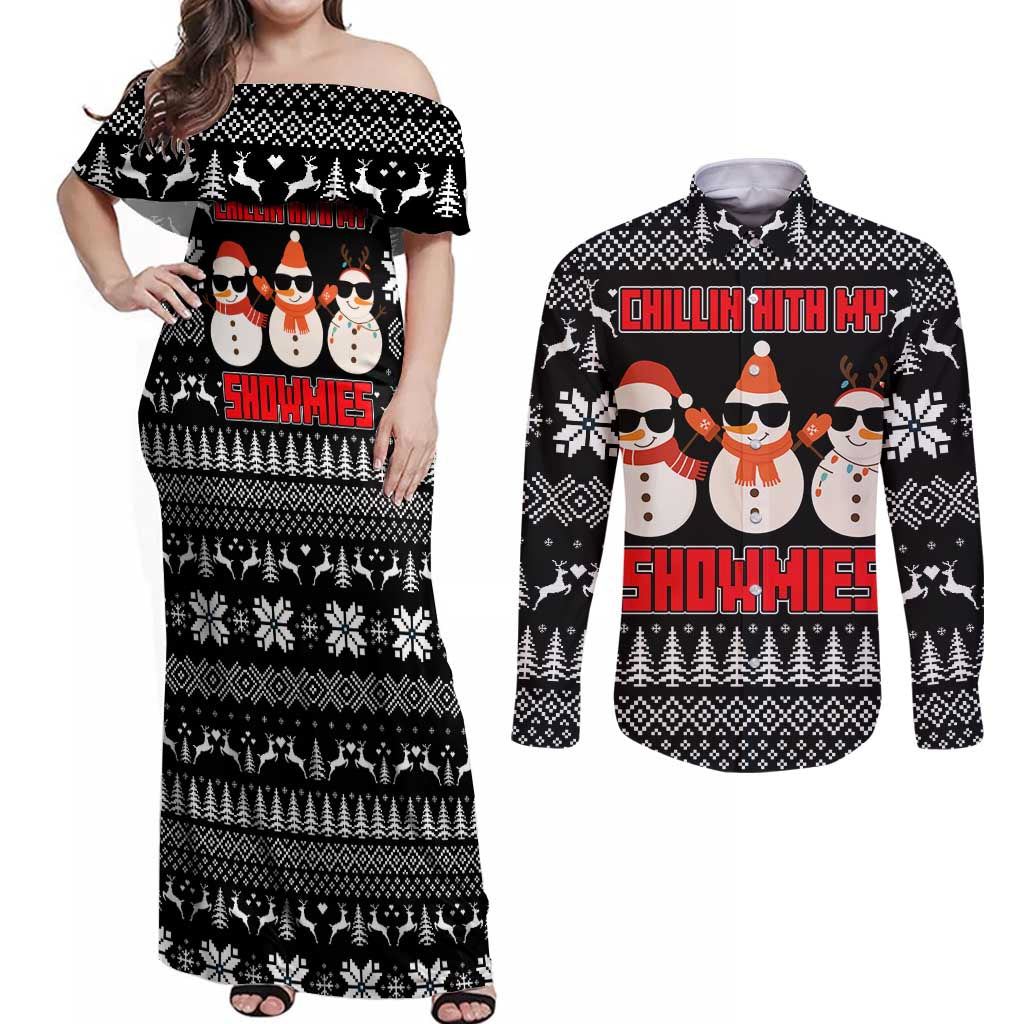 Chillin With My Snowmies Christmas Couples Matching Off Shoulder Maxi Dress and Long Sleeve Button Shirt Xmas Holiday Patterns - Wonder Print Shop